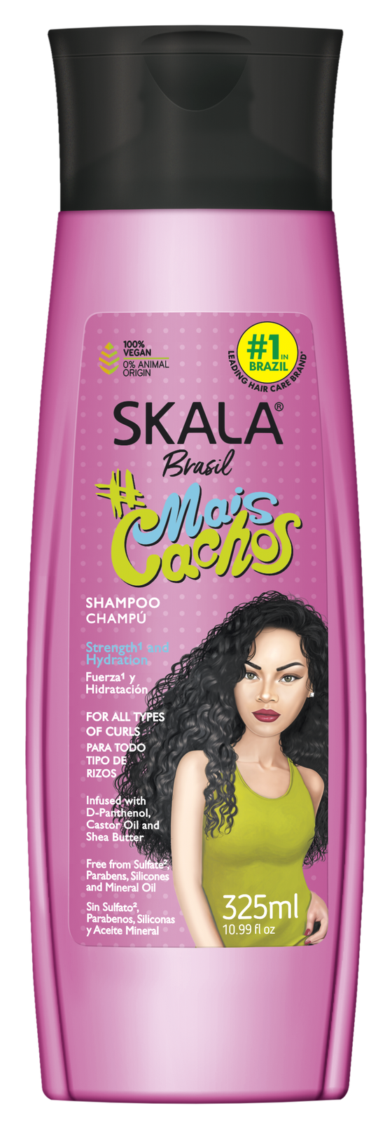 Skala Brasil #MaisCachos Shampoo 325 ml – champú vegano libre de sulfatos y crueldad animal para rizos definidos e hidratados
