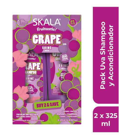 Shampoo y Acondicionador Skala Fruitastic Grape Shine con aceite de semilla de uva – brillo y nutrición vegana.
