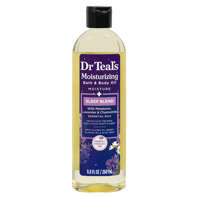 Dr Teal’s Moisturizing Bath & Body Oil, Sleep Blend with Melatonin, Lavender & Chamomile Essential Oils 8.8 fl oz (260 mL) product package