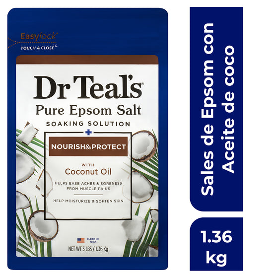 Dr Teal's ,  Sal de Epsom Pura, Nutritiva y Protectora con Aceite de Coco - "Cuidado Nutritivo"