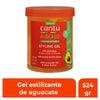 Vista frontal del tarro de Cantu Avocado Hydrating Styling Gel de 524g. La imagen incluye un banner inferior naranja con el texto en español "Gel estilizante de aguacate" y resalta el peso neto de "524 gr" en un círculo lateral.