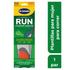 Empaque de plantillas Dr. Scholl's Run Comfort para mujer  23.5 a 27.5 MX en tonos morado y rosa, mostrando a una corredora en acción.