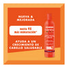 Gráfico promocional de Cantu con fondo naranja y texto en blanco que anuncia 'Nueva & Mejorada'. Destaca beneficios como 'Hasta 9x más hidratación' y 'Ayuda a un crecimiento de cabello saludable', junto a una imagen del producto.