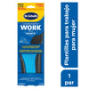 Empaque de plantillas de gel Dr. Scholl's Work para mujer, diseñadas para pies cansados y personas que trabajan de pie. El empaque azul y amarillo destaca la tecnología de "Massaging Gel" y "Comfort & Energy". A un costado, un banner azul en español dice "Plantillas para trabajo para mujer".