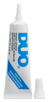 Detalle del tubo de pegamento DUO blanco/transparente de 0.25 oz. Aplicador de precisión ideal para asegurar las esquinas de las pestañas postizas todo el día.