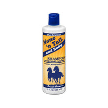  Shampoo Original Mane n' Tail para una cabellera brillante y dócil , botella blanca con imagen de caballos y tapa azul de 355 ml.