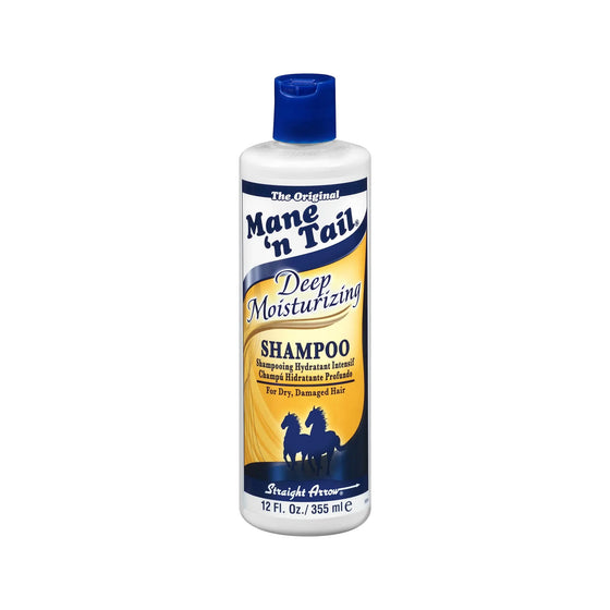Shampoo de  Hidratación Profunda Mane n´Tail para cabello seco o dañado en botella de 355 ml con imagen de dos caballos.